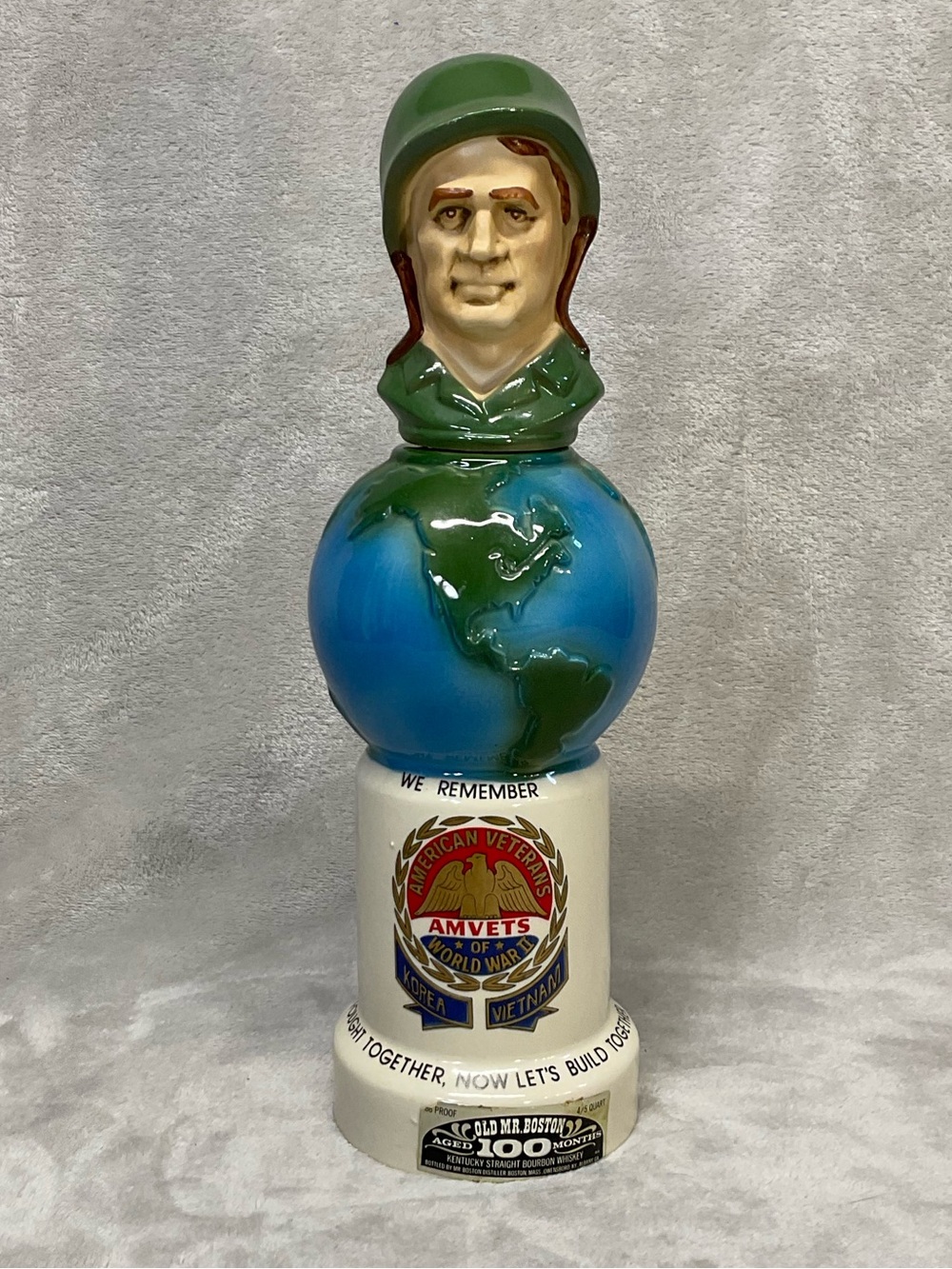 1975 Vtg Old Mr. Boston AMVETS Figural Liquor Decanter With Soldier Head